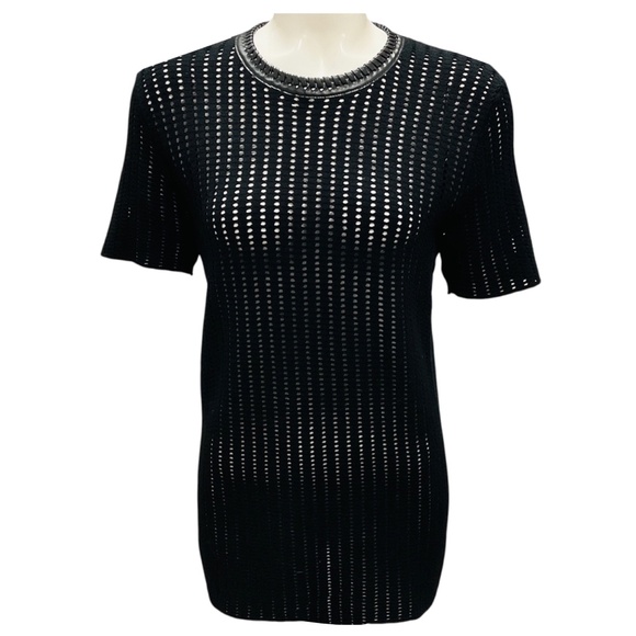 Louis Vuitton Tops - LOUIS VUITTON BLACK FAUX LEATHER WHIPSTITCH TRIMMED PERFORATED KNIT TOP